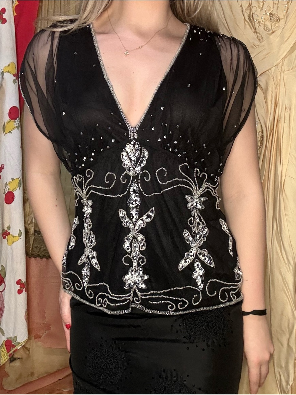 Y2K MARINA Black Beaded V-Neck Embellished Top